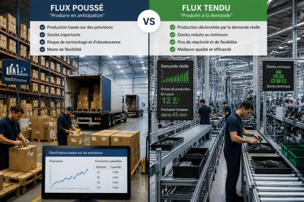Définition du flux poussé et différence avec le flux tendu en logistique